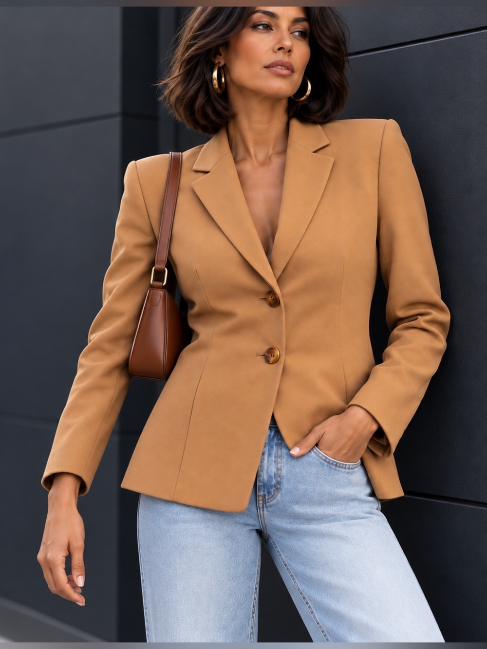 Casual Corner Stretch Camel Tan Fitted Two Button Blazer Jacket Size 10